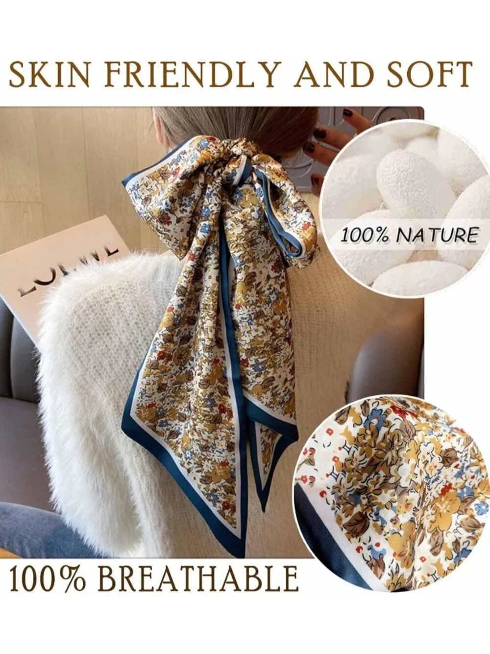 Women's Sea of Yellow Flower Silky Satin Headscarf Wrap Lightweight Scarve Scarf